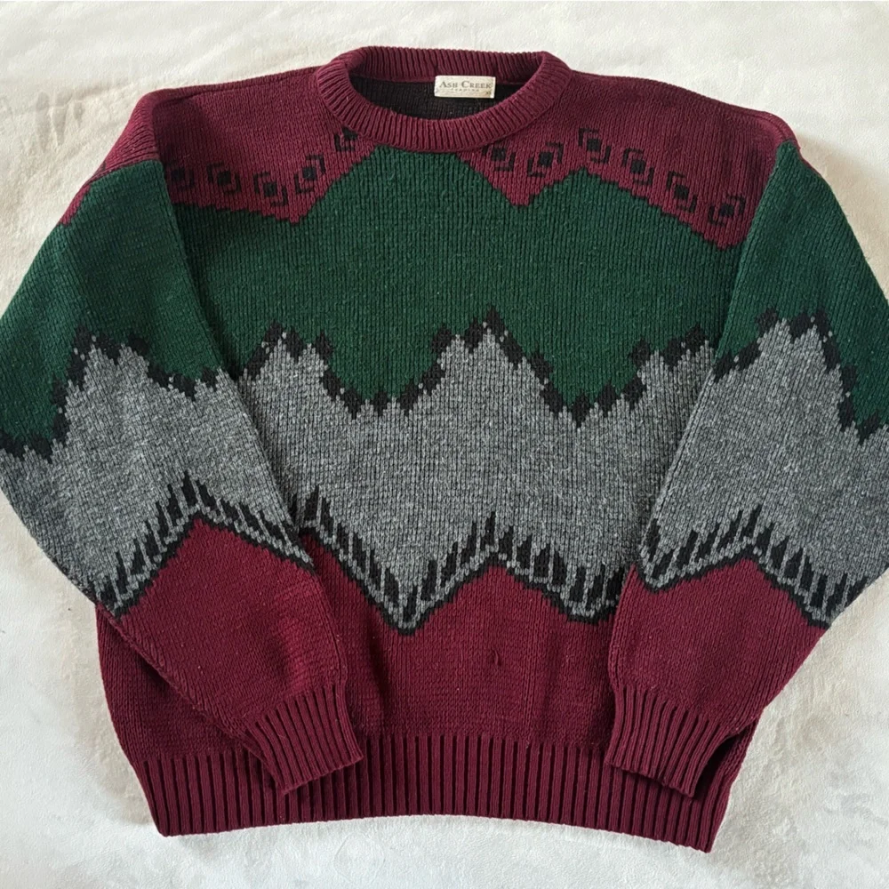 Vintage Ash Creek Geometric Knit Sweater Burgundy Green L